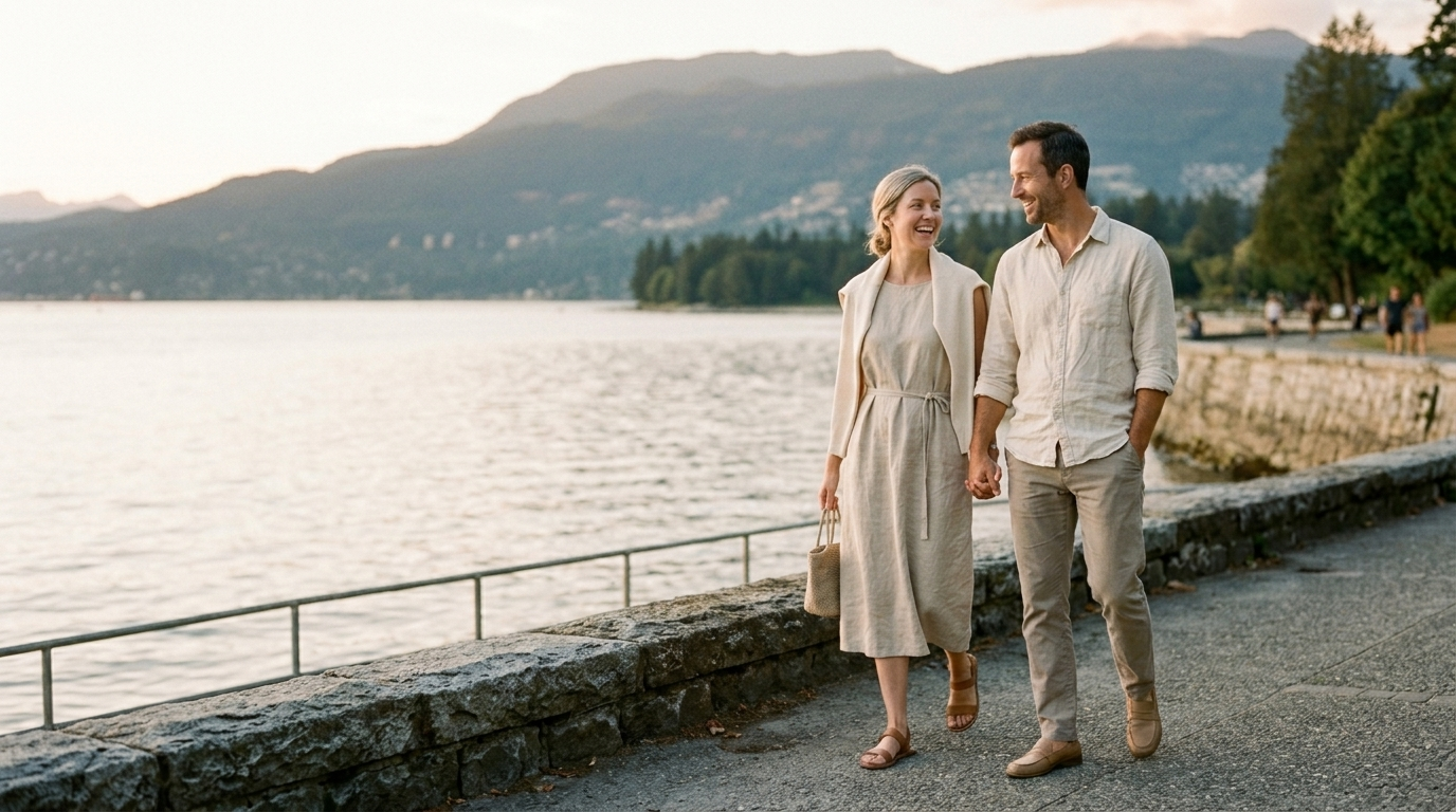 Emma and Owen walking the Vancouver seawall in summer