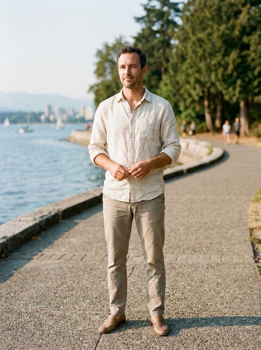 Man in ecru linen shirt on the Vancouver seawall