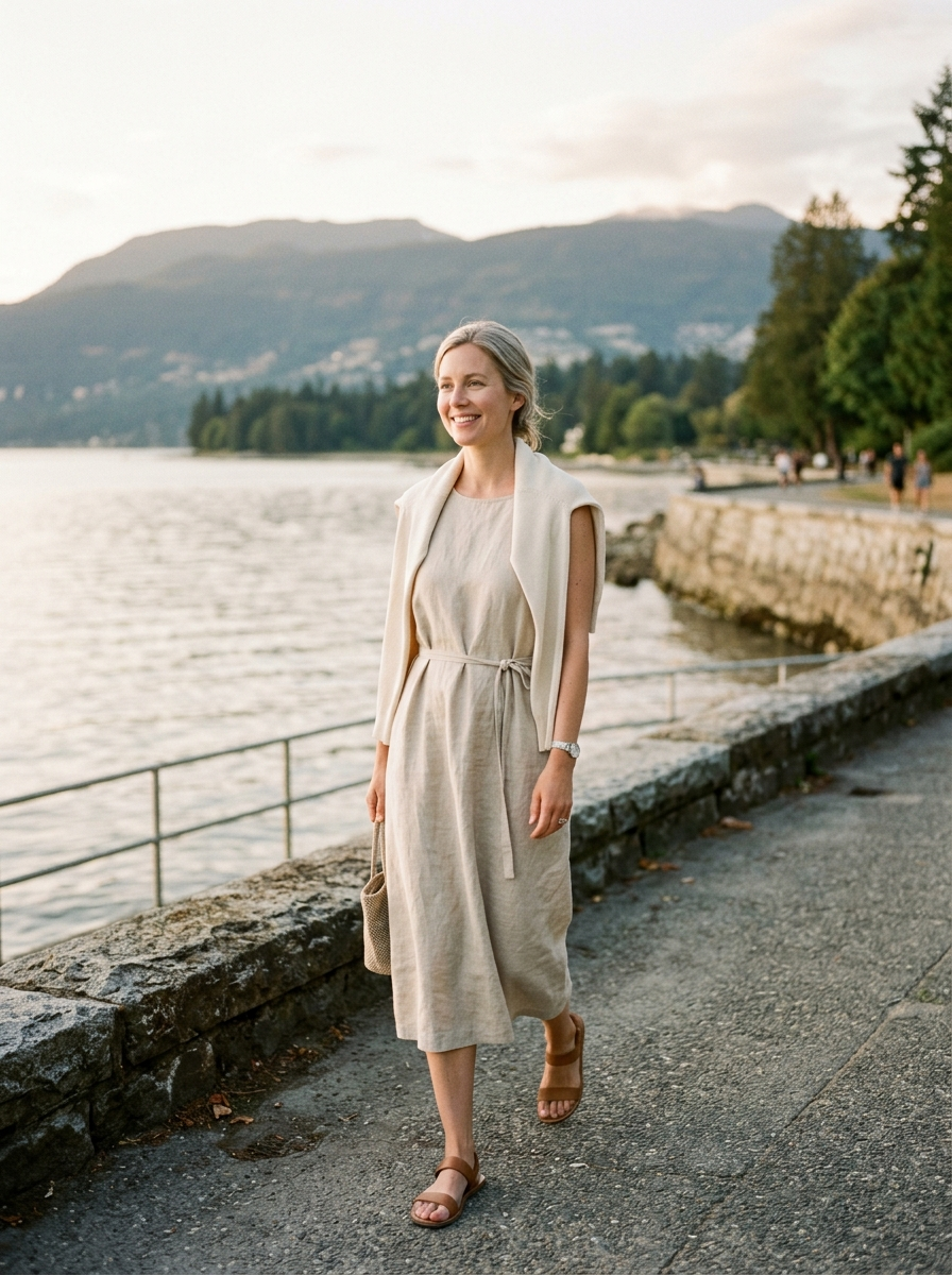 Woman in oatmeal linen dress on the Vancouver seawall