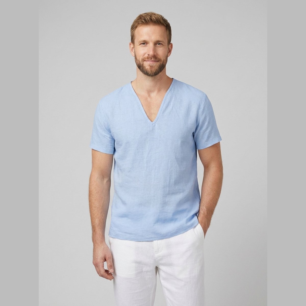 Men's Short-Sleeve Shirt | Linen-Blend V-Neck Summer