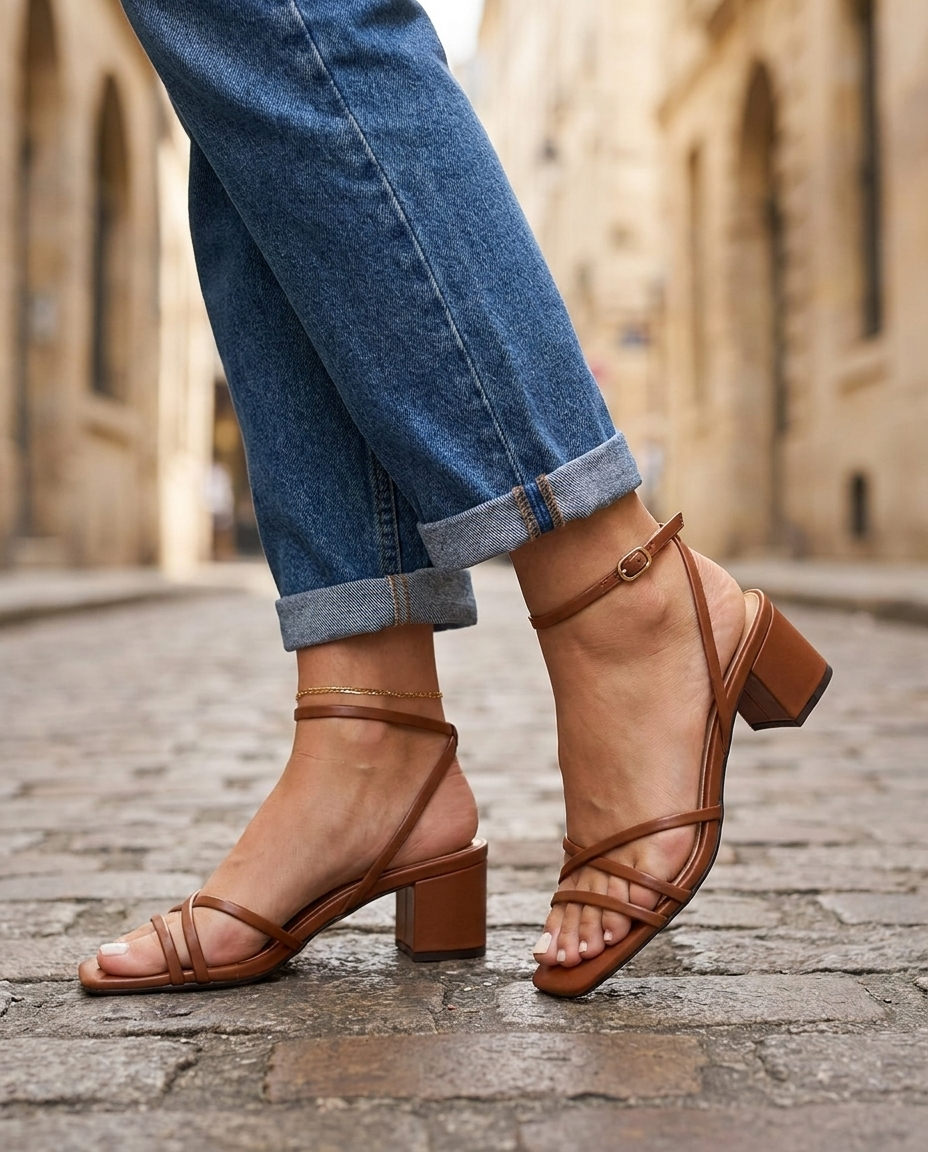 Women's Block Heel Sandals | Ankle-Strap Gold