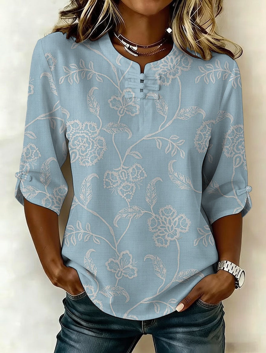 Women's Flowy Blouse | Floral Draped Band-Collar