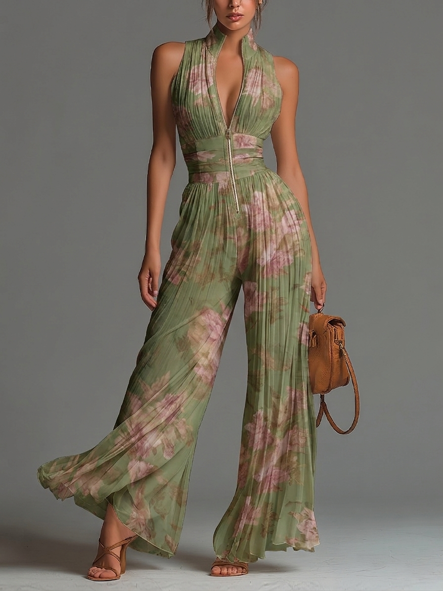 Women's Jumpsuit | Pleated Floral Wide-Leg