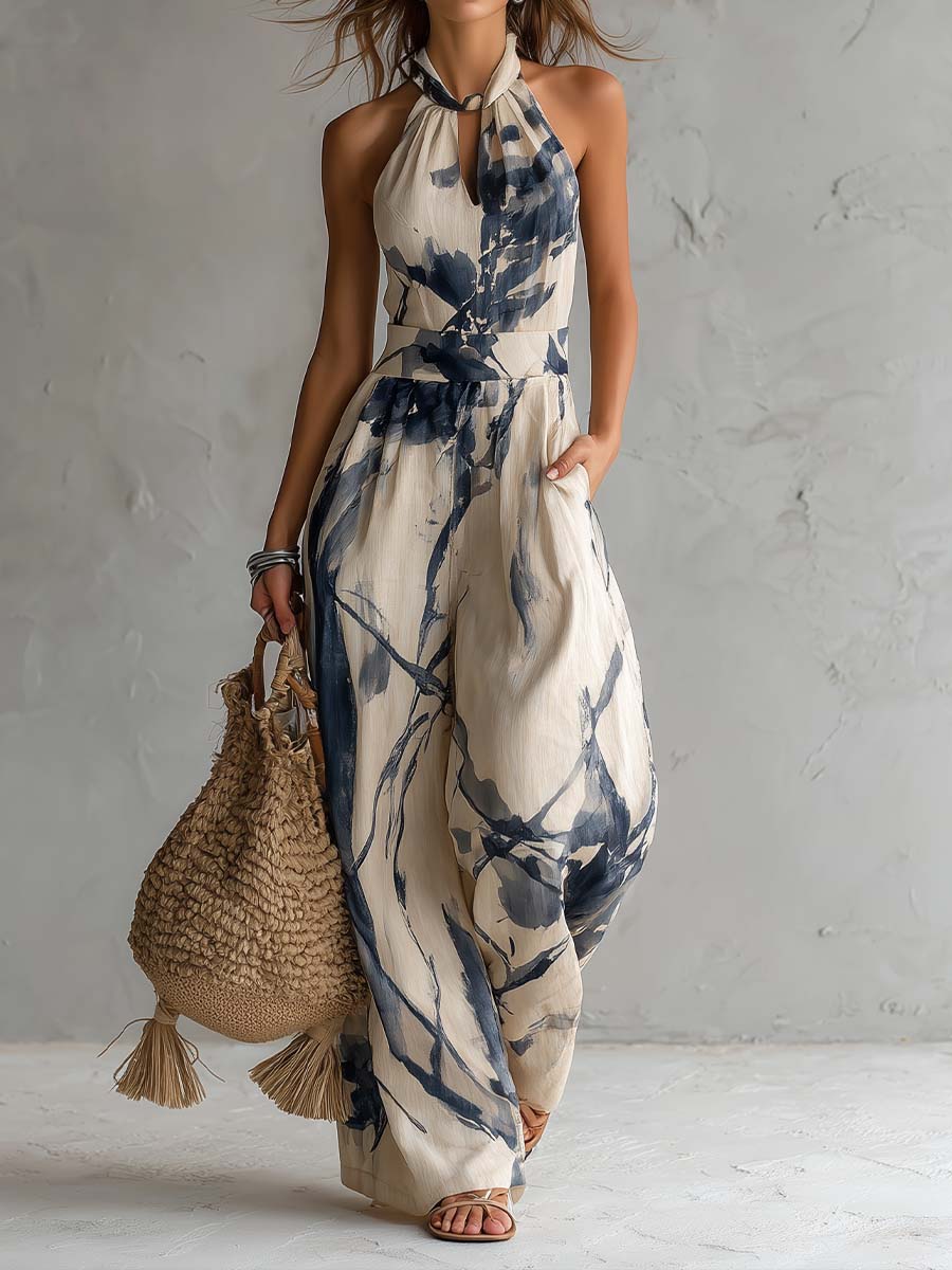 Women's Jumpsuit | Printed Halter Wide-Leg