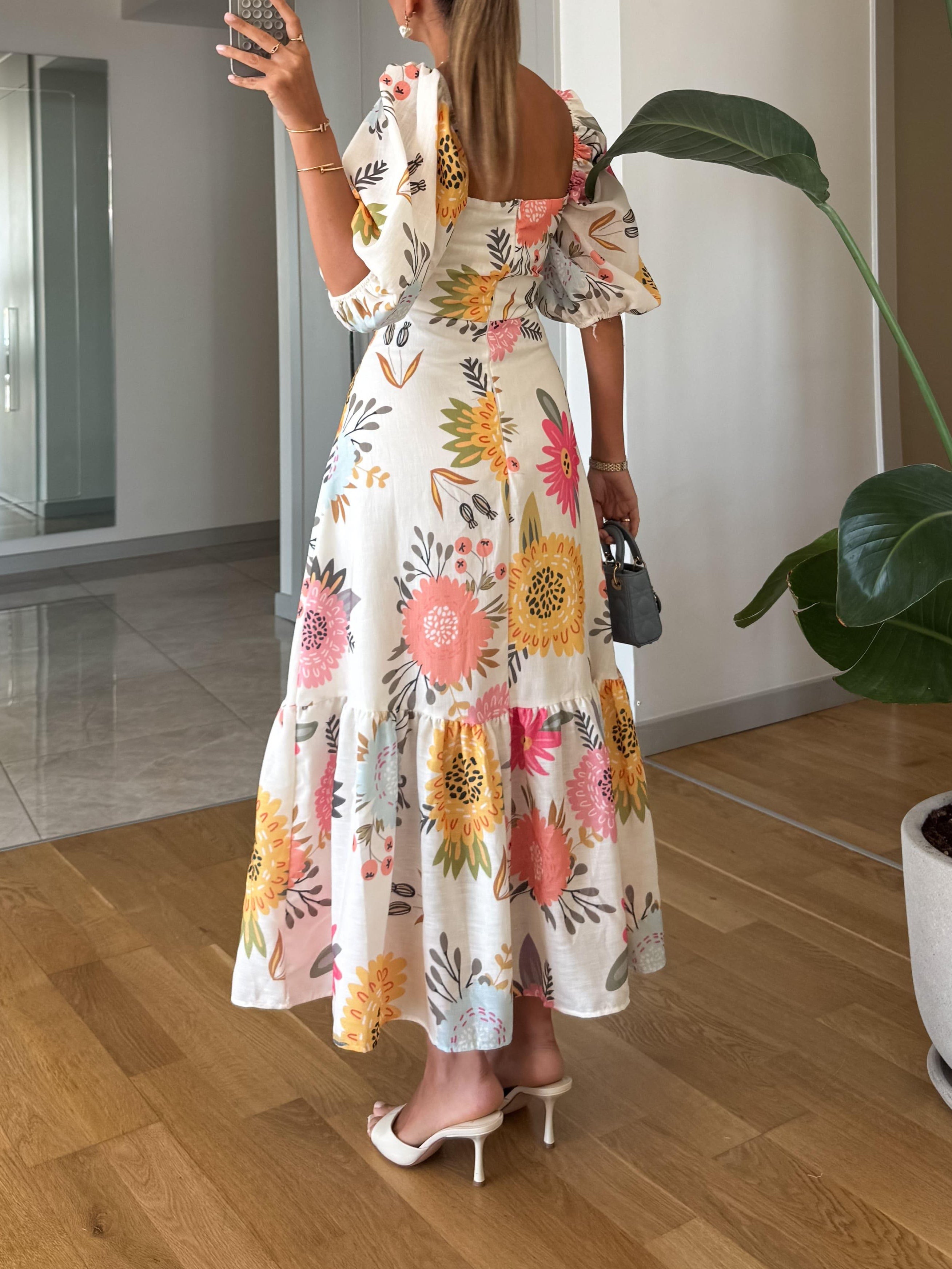 Women's Maxi Dress | Floral Puff-Sleeve Summer