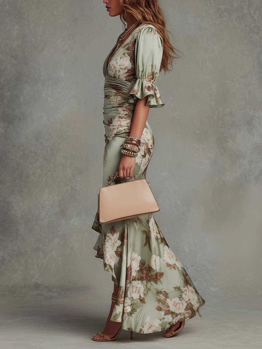 Women's Maxi Dress | Floral V-Neck Ruched