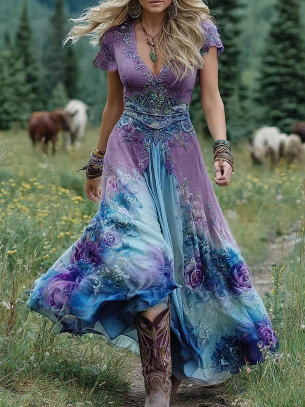 Women's Maxi Dress | Floral V-Neck Short-Sleeve