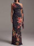 Women's Maxi Dress | Pleated Printed One-Shoulder