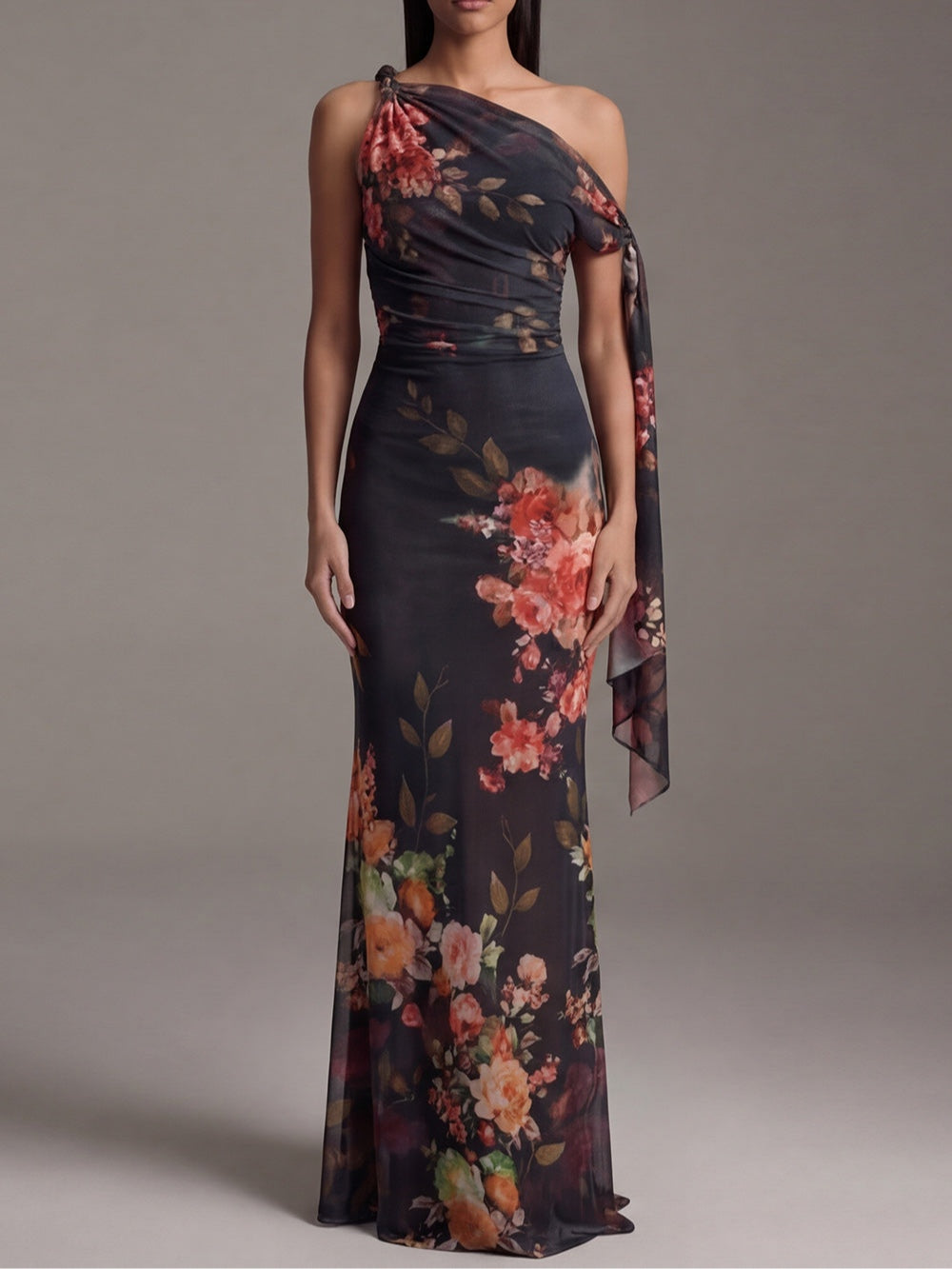Women's Maxi Dress | Pleated Printed One-Shoulder