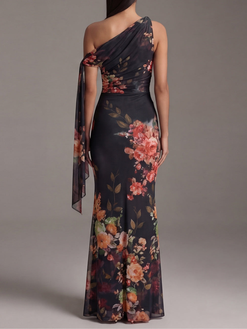 Women's Maxi Dress | Pleated Printed One-Shoulder