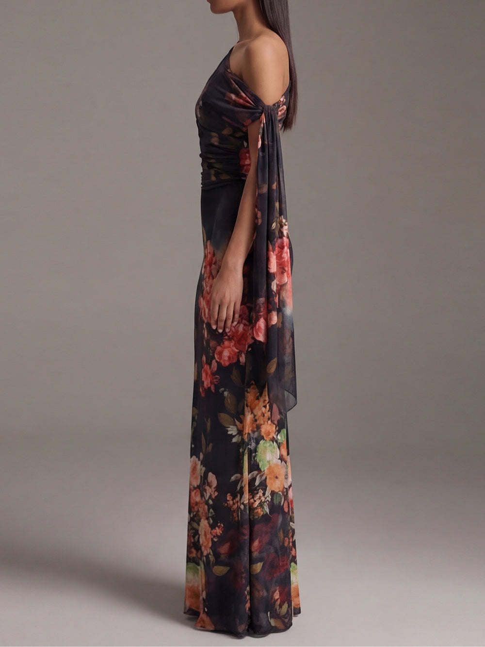 Women's Maxi Dress | Pleated Printed One-Shoulder