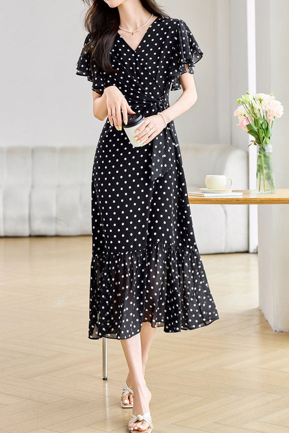 Women's Midi Dress | Polka-Dot V-Neck