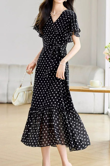 Women's Midi Dress | Polka-Dot V-Neck