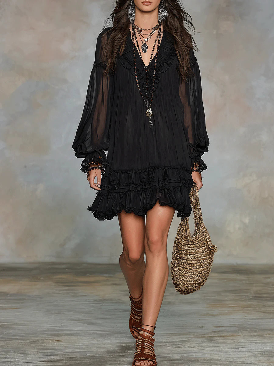 Women's Mini Dress | Tiered V-Neck Ruffled