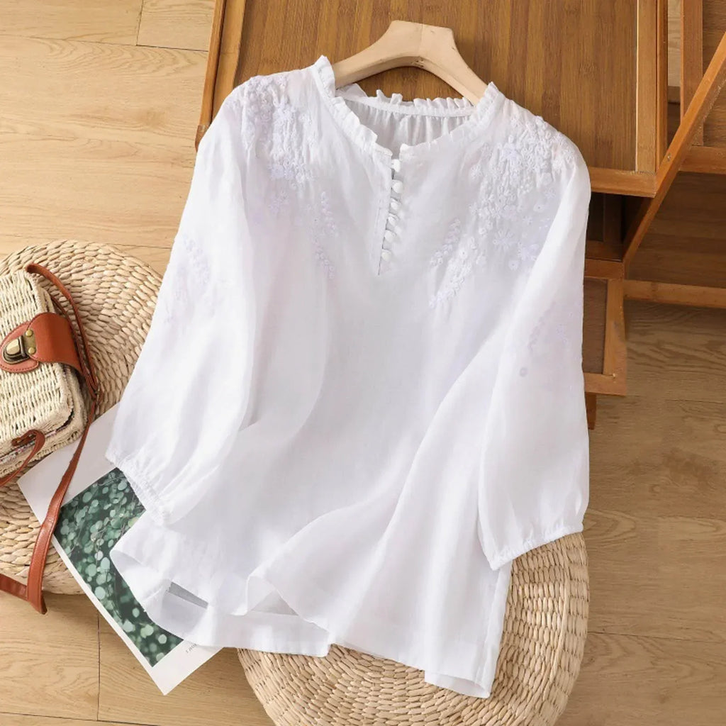 Women's Summer Blouse | Button-front Embroidered