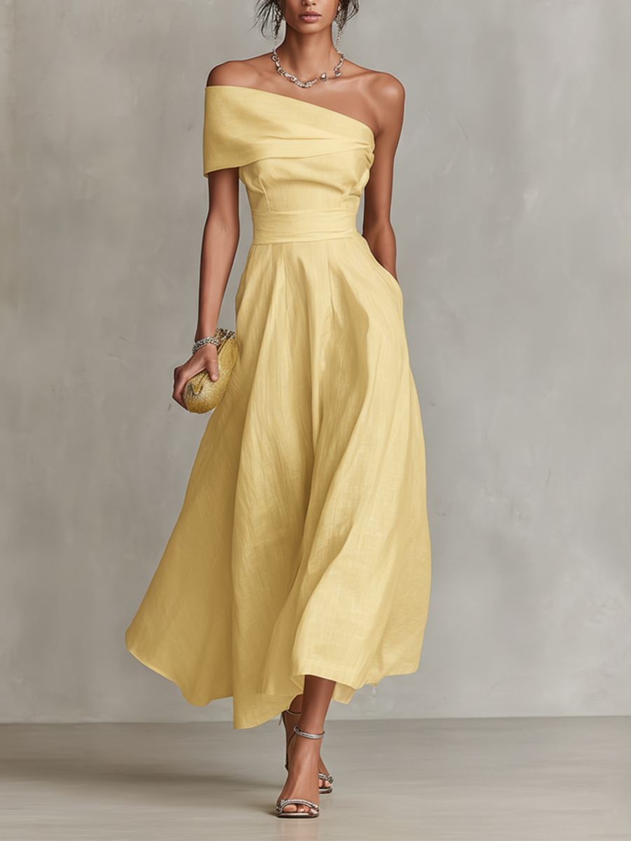 Women's Summer Dress | Linen-Blend One-Shoulder Casual