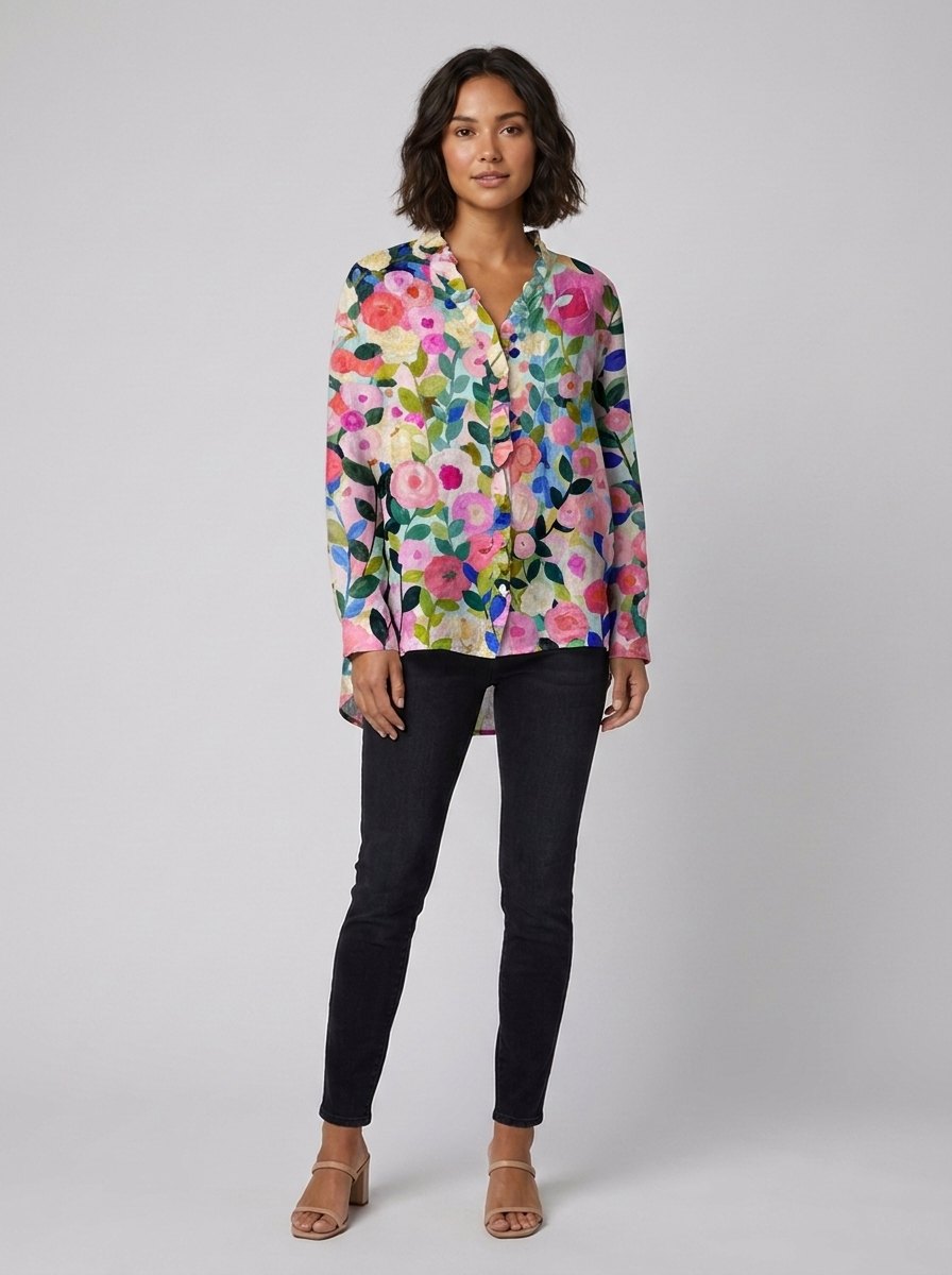 Women's Summer Top | Linen-Blend Tiered Floral