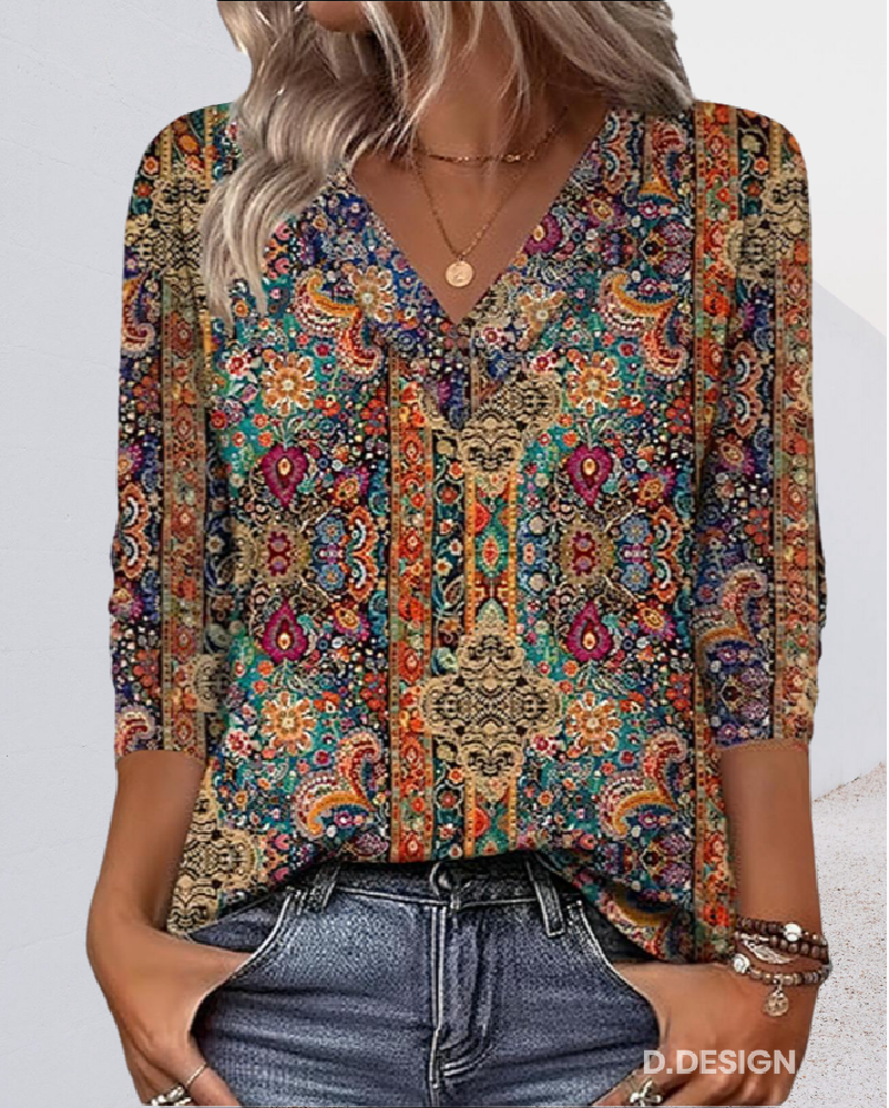 Women's Summer Top | Printed V-Neck Retro