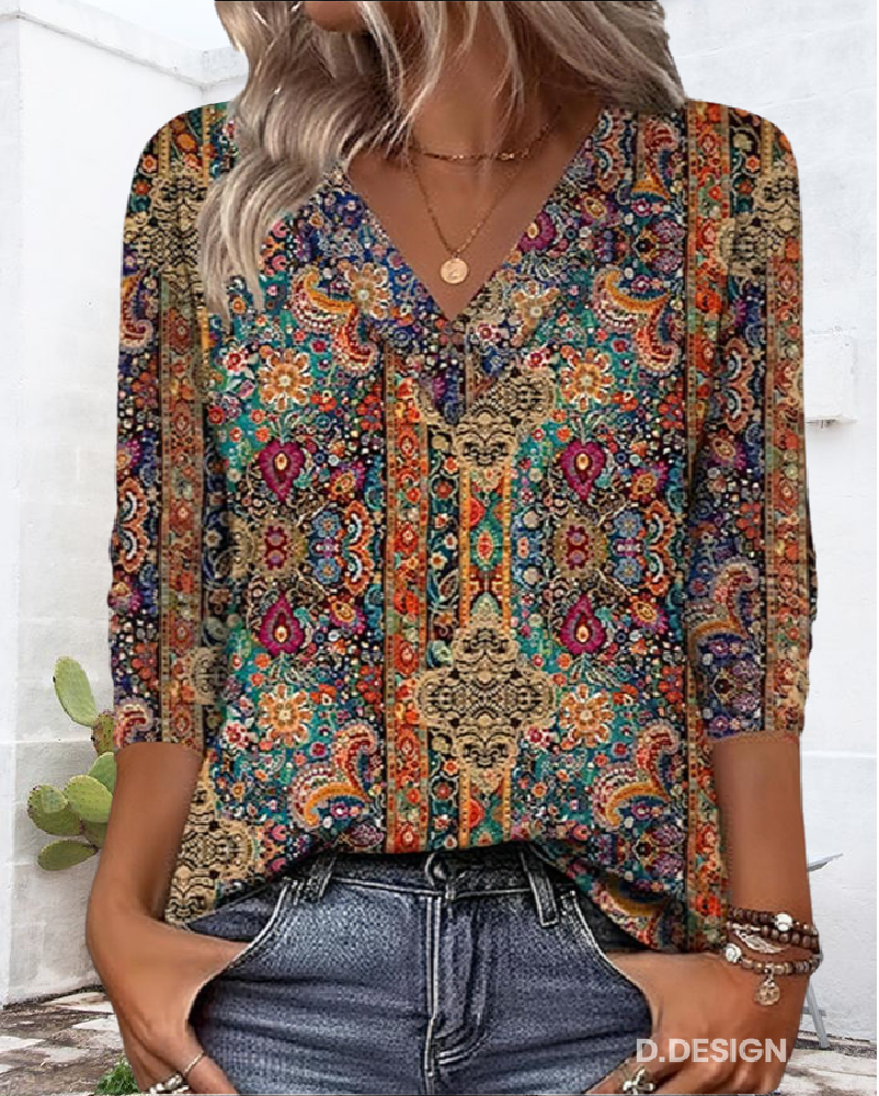 Women's Summer Top | Printed V-Neck Retro