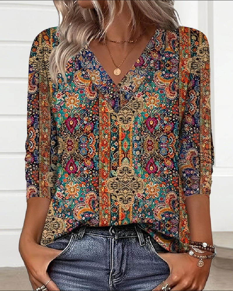 Women's Summer Top | Printed V-Neck Retro