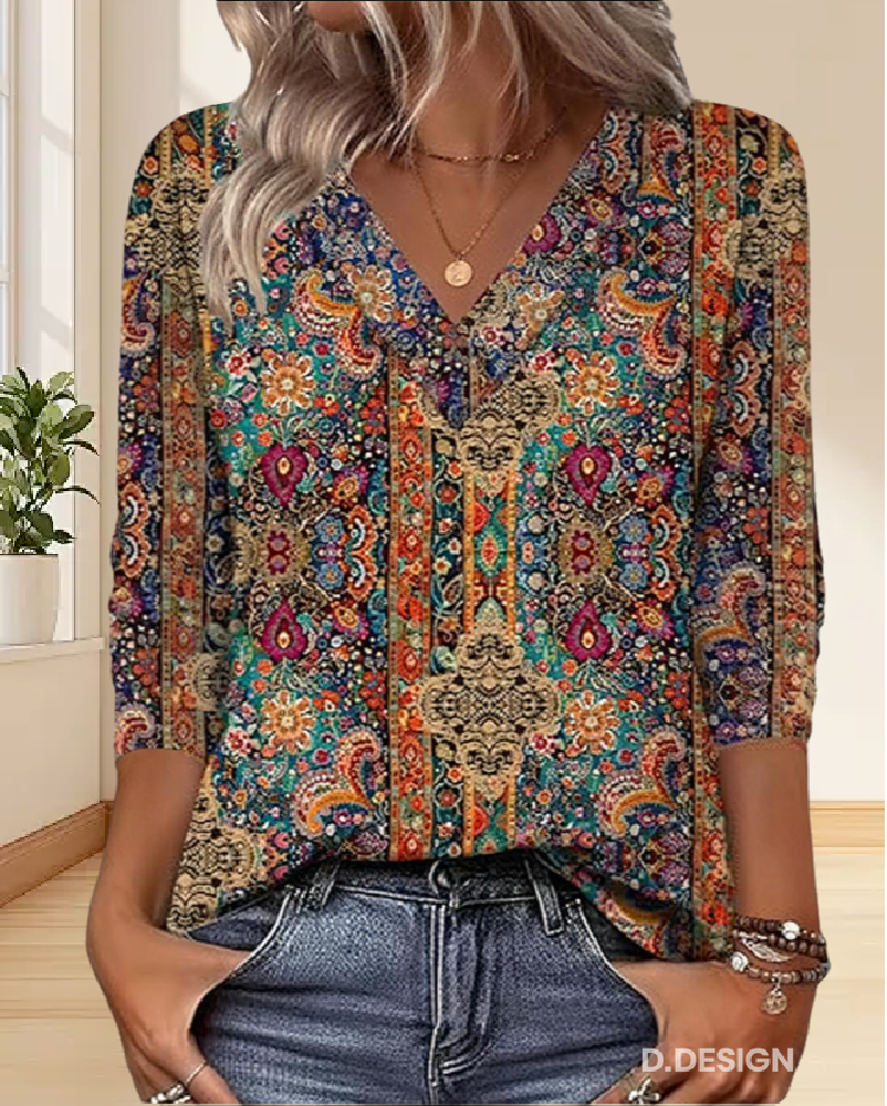 Women's Summer Top | Printed V-Neck Retro