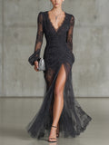 Women's Wedding Guest Dress | V-Neck Long-Sleeve