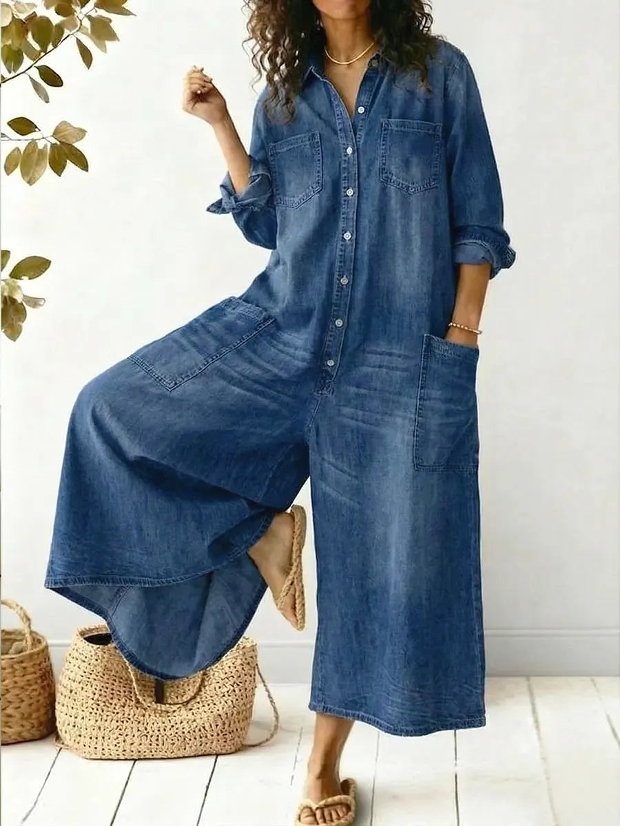 Women's Wide-Leg Jumpsuit | Long-Sleeve Button-front