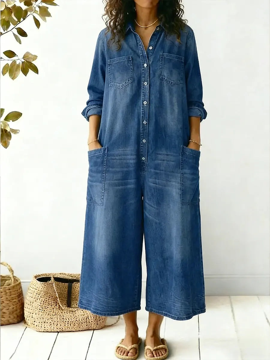Women's Wide-Leg Jumpsuit | Long-Sleeve Button-front