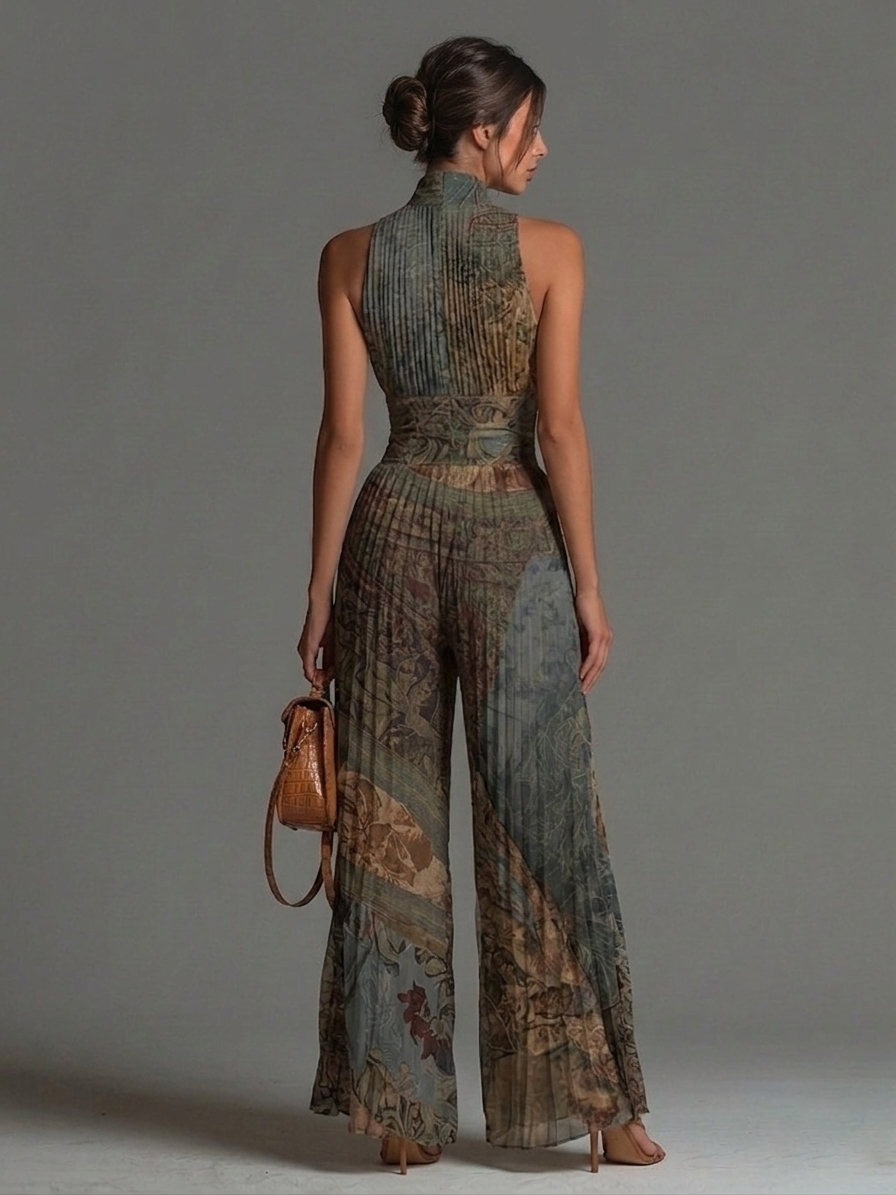 Women's Wide-Leg Jumpsuit | Printed V-Neck