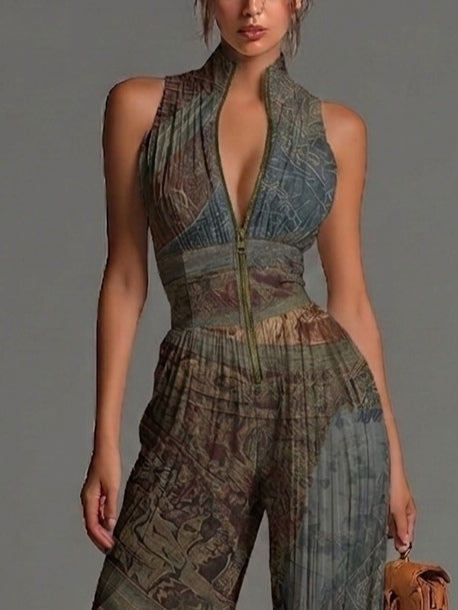 Women's Wide-Leg Jumpsuit | Printed V-Neck