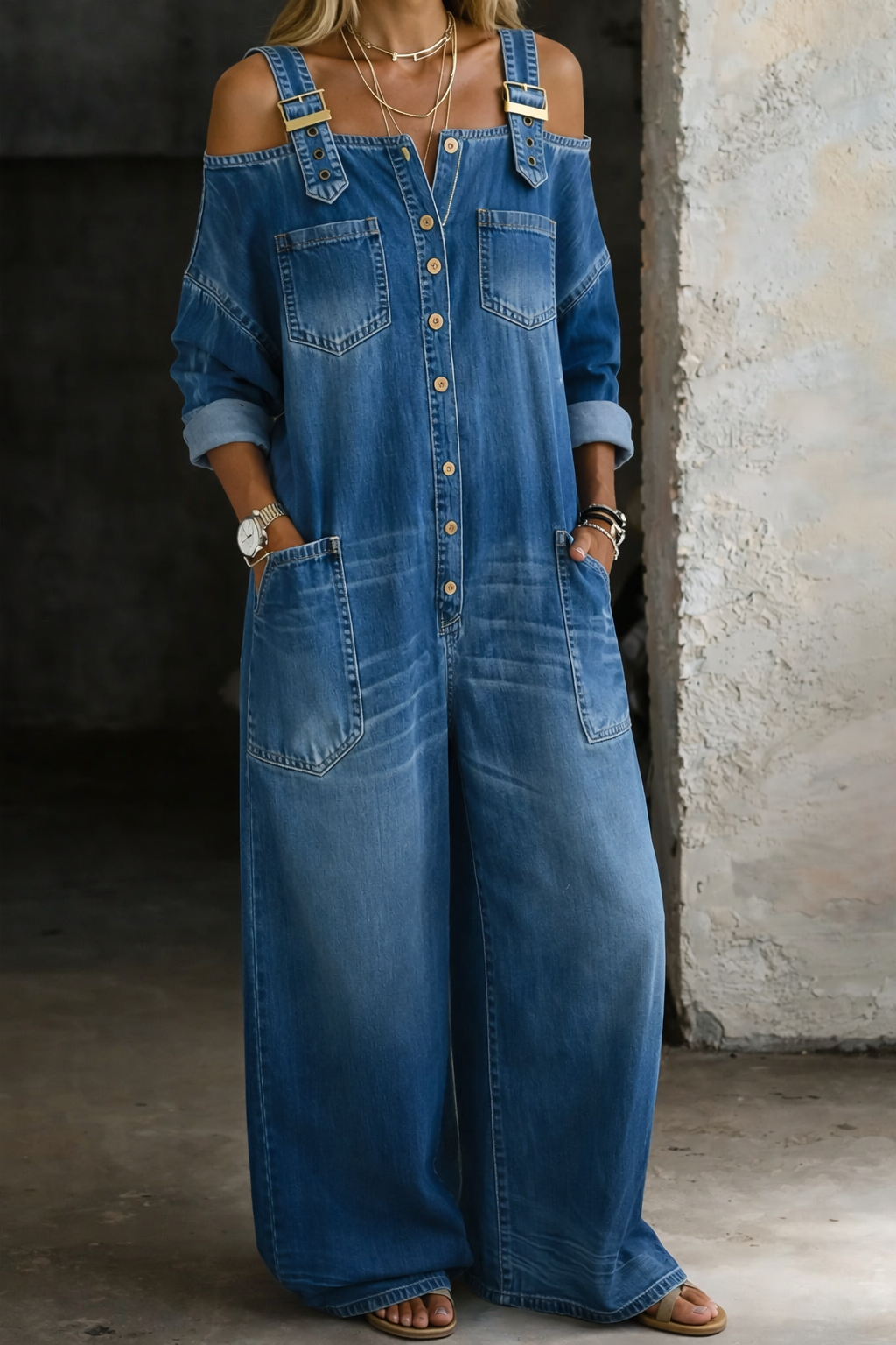 Women's Wide-Leg Jumpsuit | Square-Neck Chambray