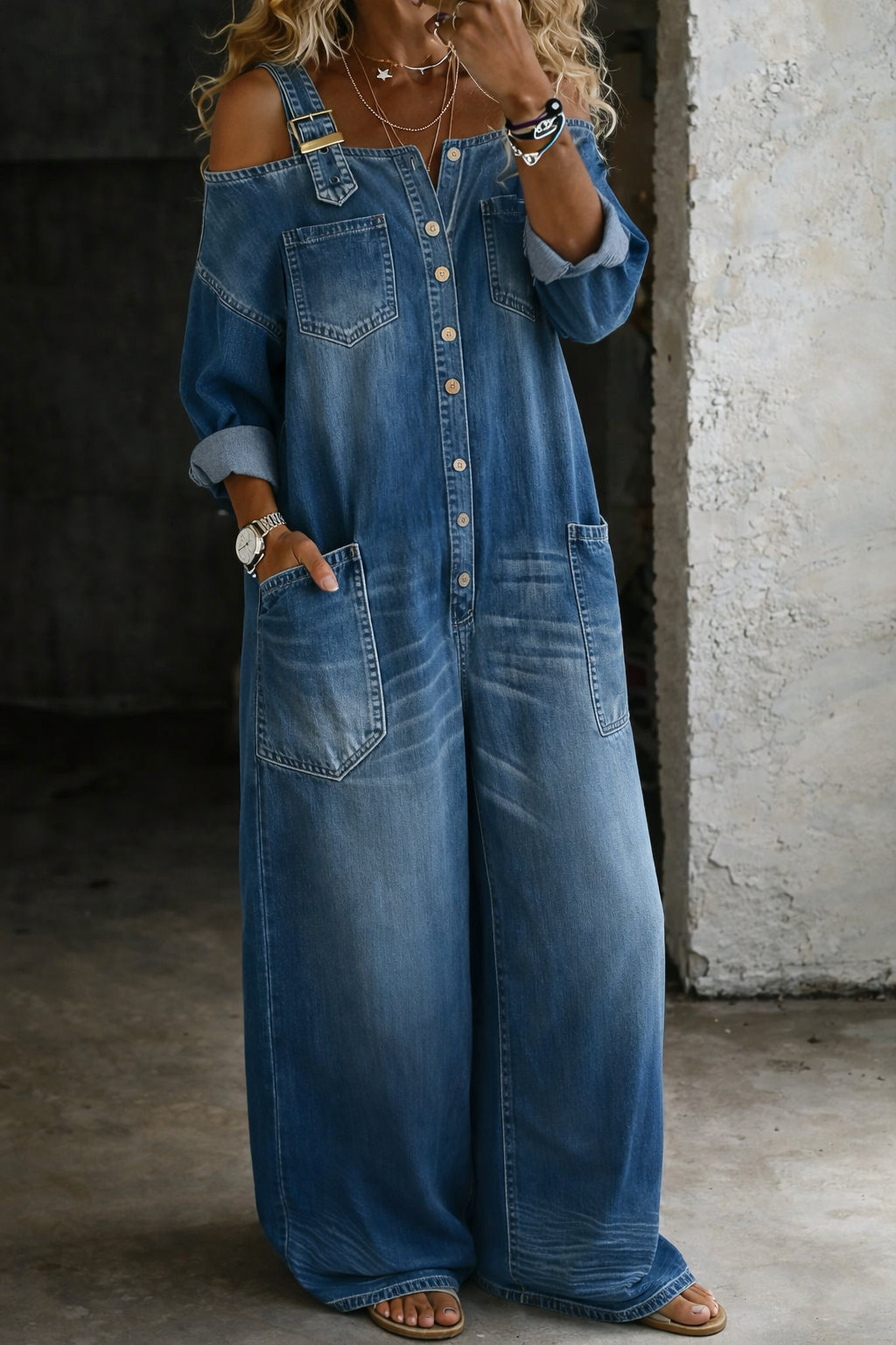 Women's Wide-Leg Jumpsuit | Square-Neck Chambray