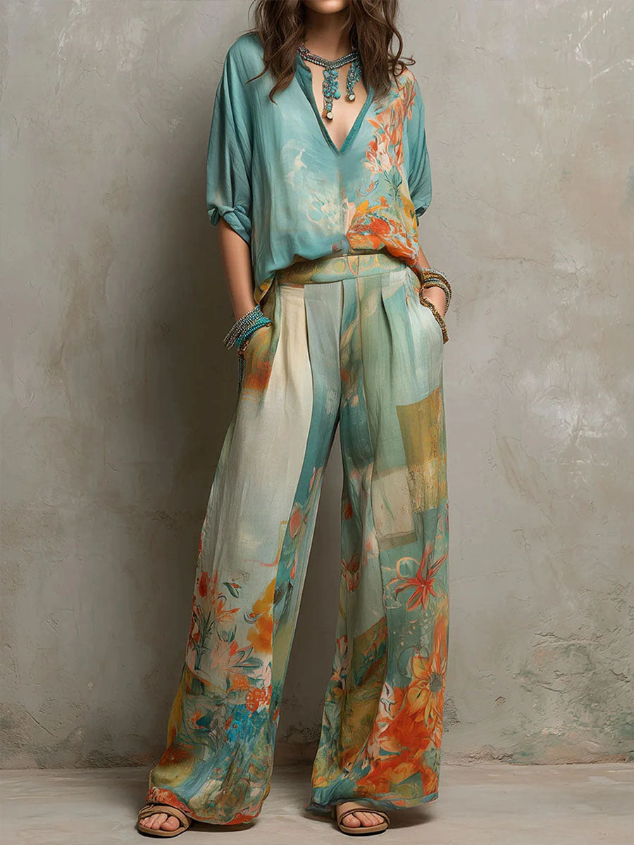 Women's Wide-Leg Trousers | Floral Printed High-Waisted